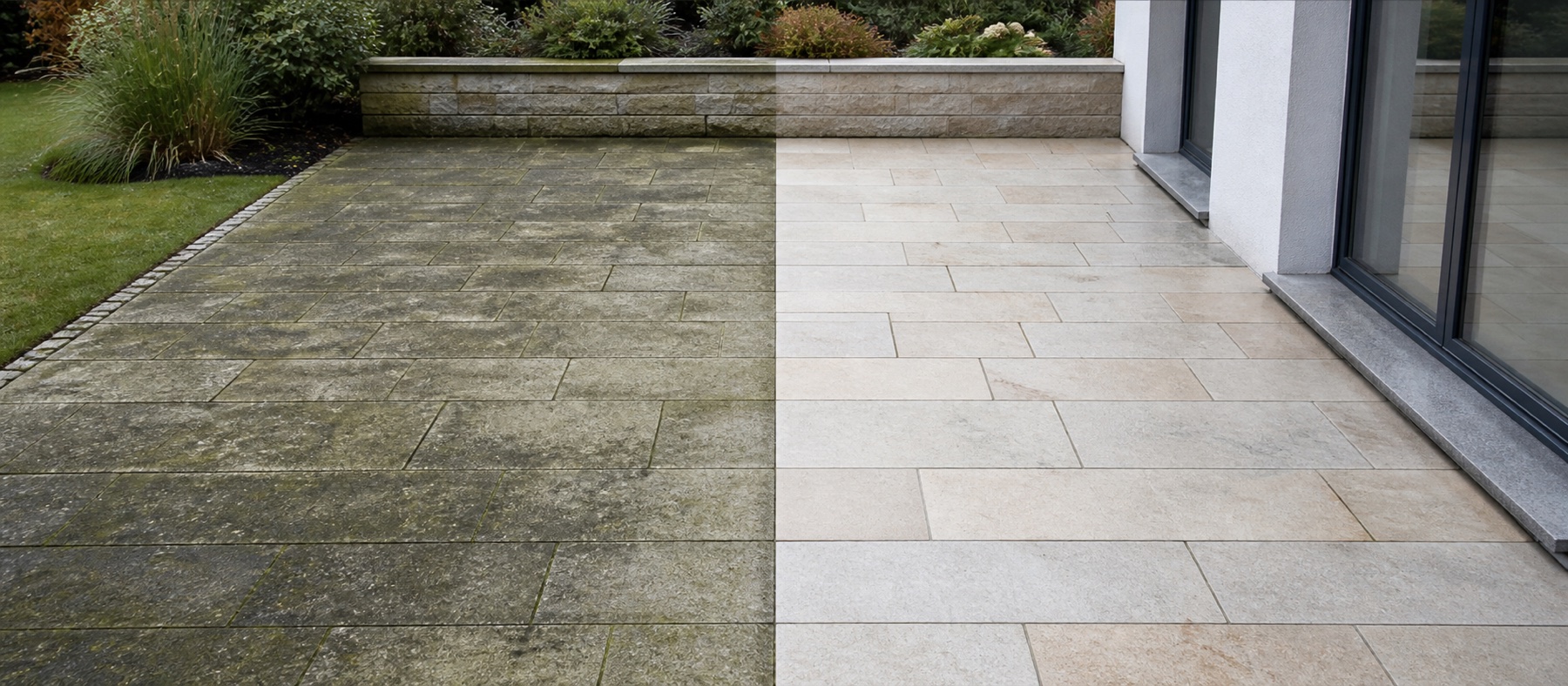 Direkter Vorher-Nachher-Vergleich derselben Terrasse: links stark verschmutzt, rechts professionell gereinigt