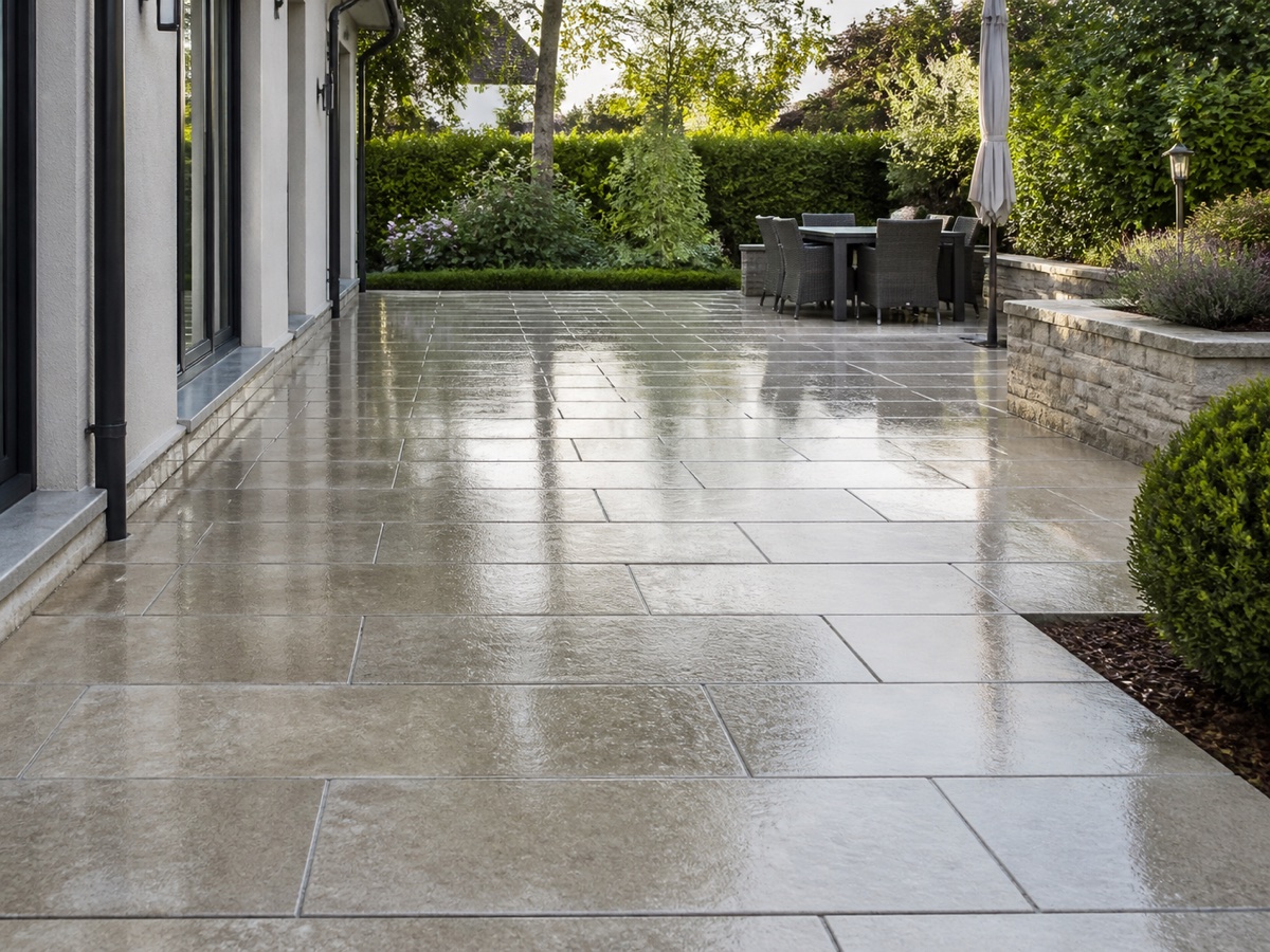 Saubere Natursteinterrasse nach professioneller Terrassenreinigung